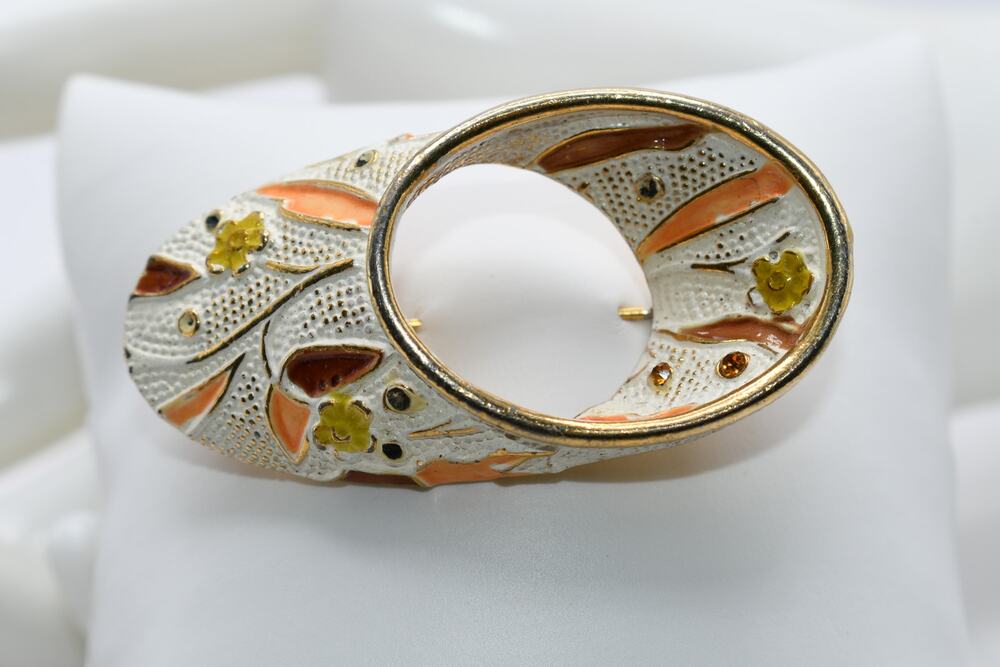 Vintage BSK Enamel Brooch White Orange Brown Gold Rhinestone 1950s